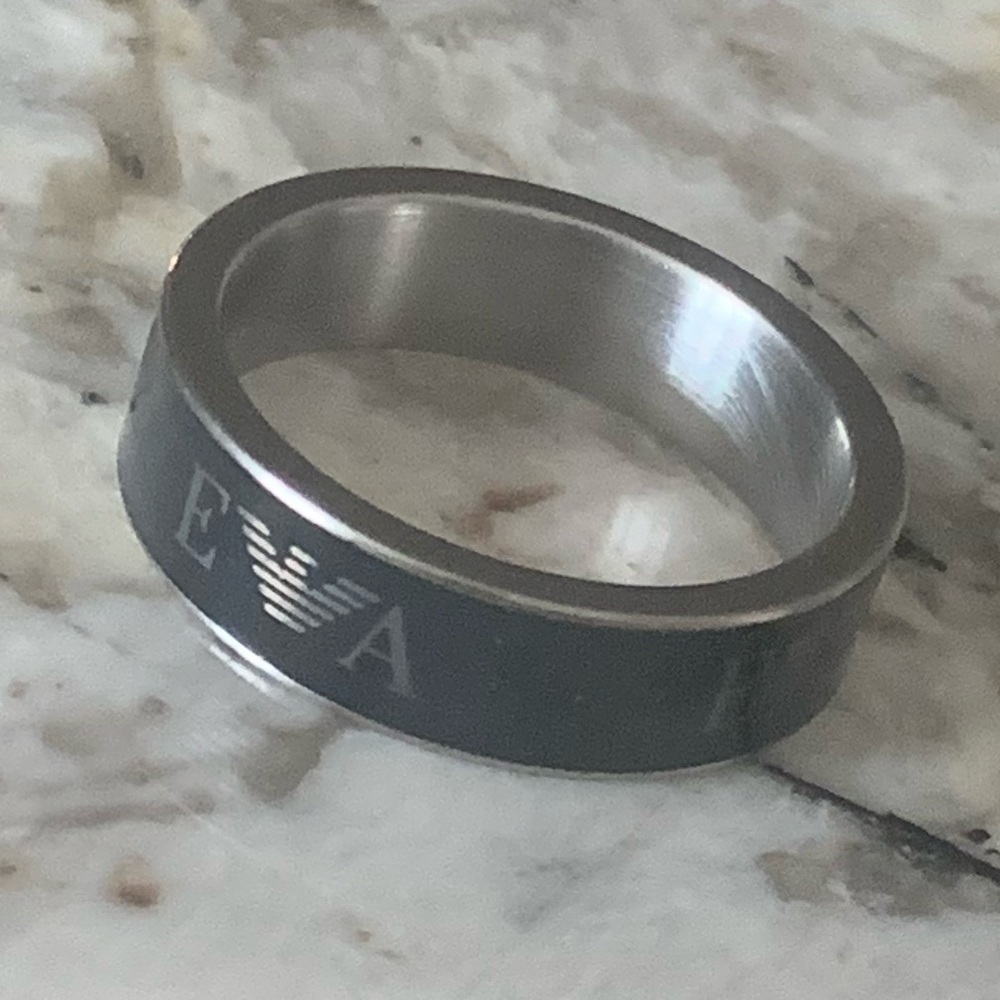 NEW Emporio Armani Black Enamel EA Logo Band, Stainless Steel, Size 9